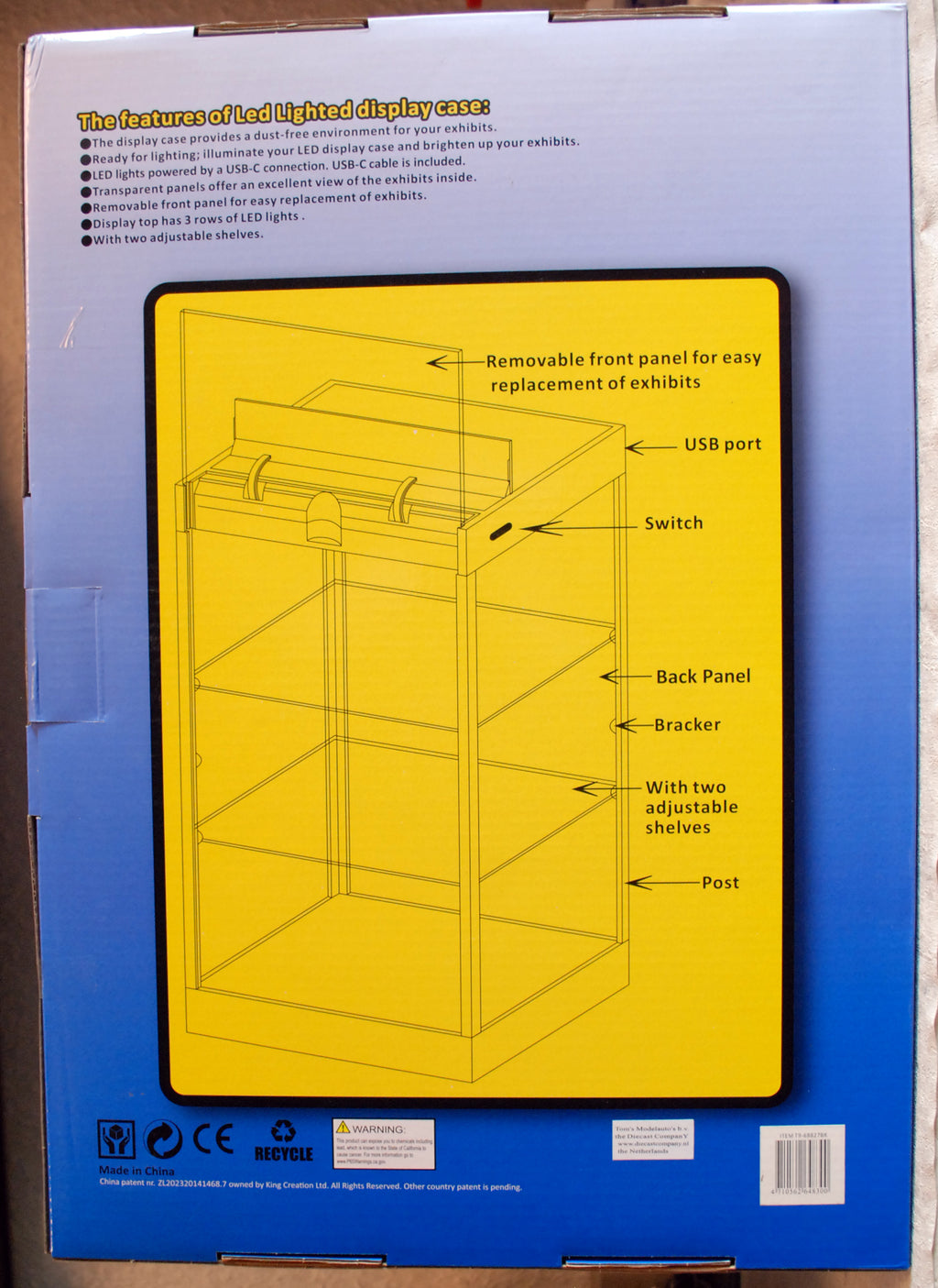 T9 68827 BK große Vitrine LED - Beleuchtung 2 Böden schwarz Triple 9
