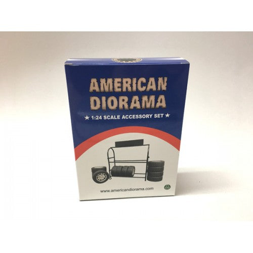 77530 American Diorama Metal Tire Rack Reifen Felgen Regal kplt. 8 Reifen, 1:24