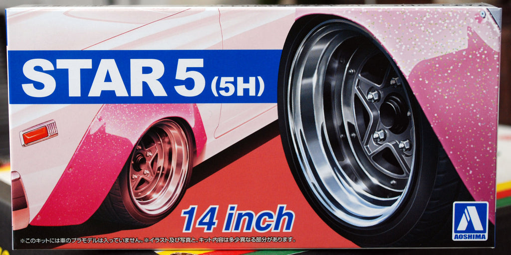 Aoshima 054390 Star 5 (5H) 14 Zoll Felgen+ Reifen Liberty Walk 1:24 # 68