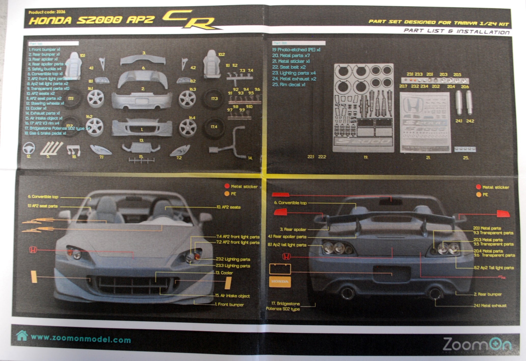 Für den Honda S 2000 von Tamiya Grade Up Parts AP2 CR 1:24 ZoomOn Z036
